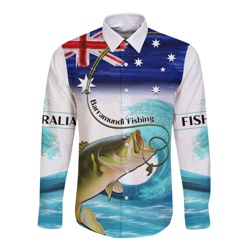 Personalised Australia Fishing Long Sleeve Button Shirt Barramundi With Ocean Waves Flag Grunge Style