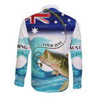 Personalised Australia Fishing Long Sleeve Button Shirt Barramundi With Ocean Waves Flag Grunge Style