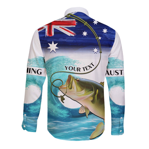 Personalised Australia Fishing Long Sleeve Button Shirt Barramundi With Ocean Waves Flag Grunge Style