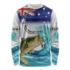 Personalised Australia Fishing Long Sleeve Shirt Barramundi With Ocean Waves Flag Grunge Style