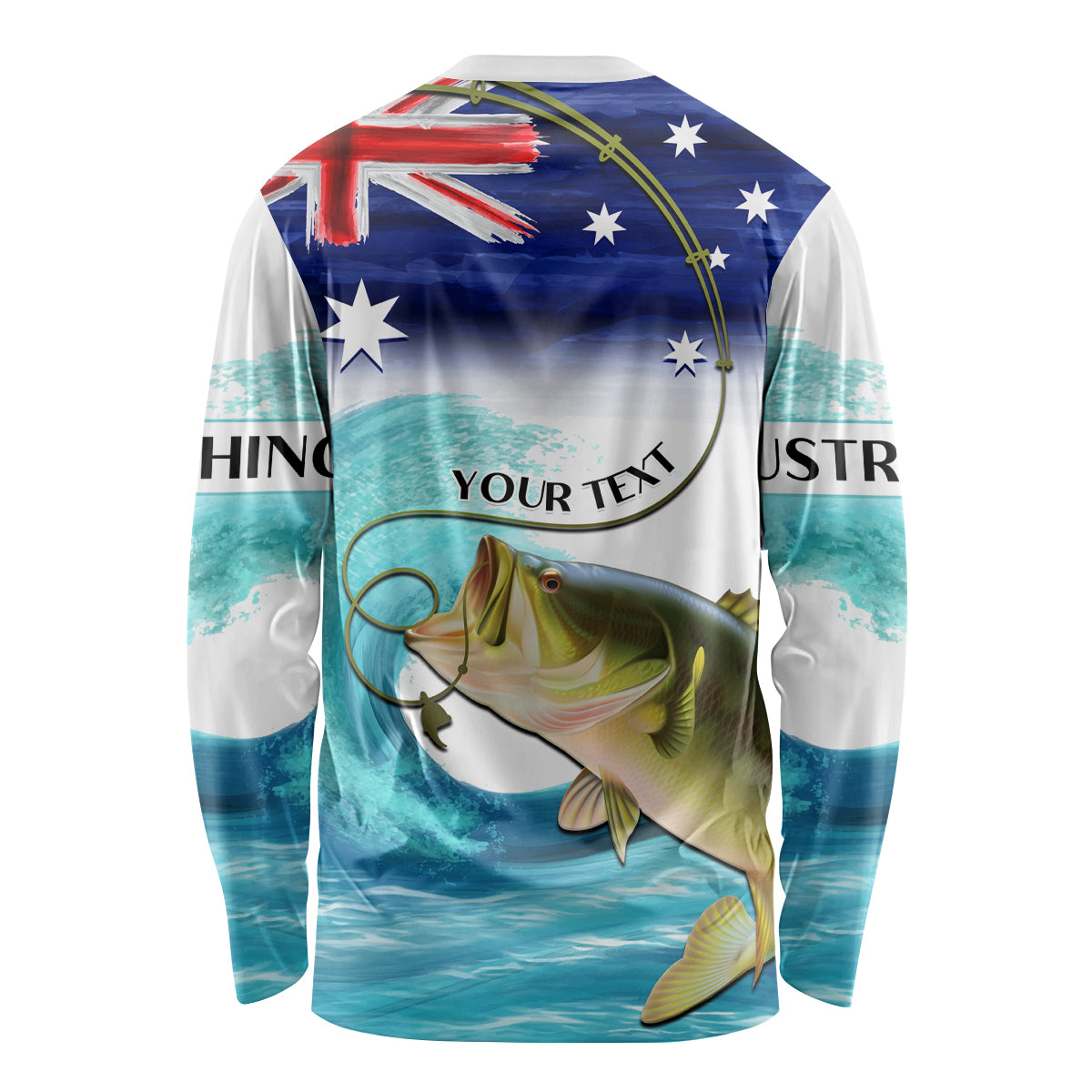 Personalised Australia Fishing Long Sleeve Shirt Barramundi With Ocean Waves Flag Grunge Style