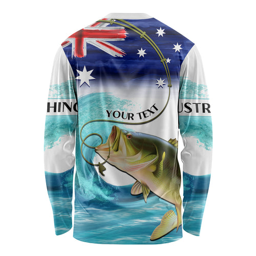 Personalised Australia Fishing Long Sleeve Shirt Barramundi With Ocean Waves Flag Grunge Style