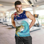 Personalised Australia Fishing Men Tank Top Barramundi With Ocean Waves Flag Grunge Style