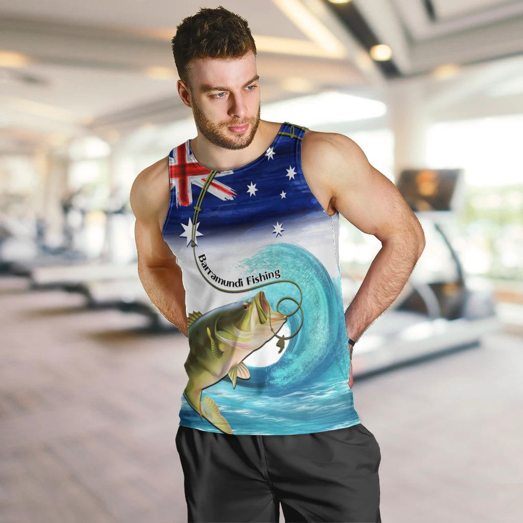 Personalised Australia Fishing Men Tank Top Barramundi With Ocean Waves Flag Grunge Style