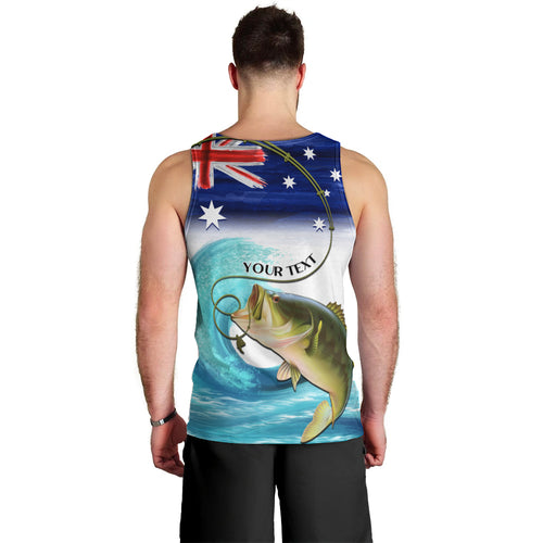 Personalised Australia Fishing Men Tank Top Barramundi With Ocean Waves Flag Grunge Style