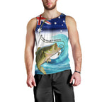 Personalised Australia Fishing Men Tank Top Barramundi With Ocean Waves Flag Grunge Style