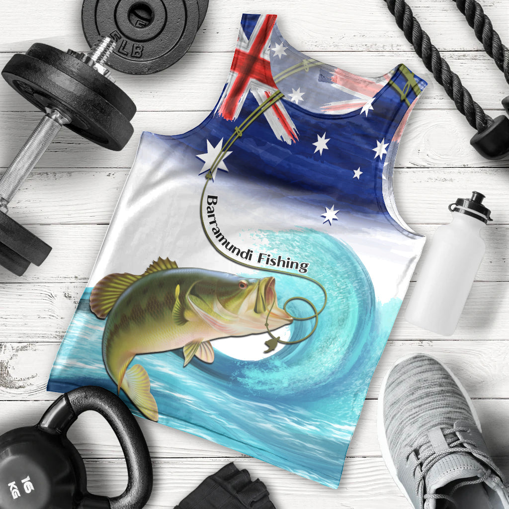 Personalised Australia Fishing Men Tank Top Barramundi With Ocean Waves Flag Grunge Style