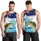 Personalised Australia Fishing Men Tank Top Barramundi With Ocean Waves Flag Grunge Style