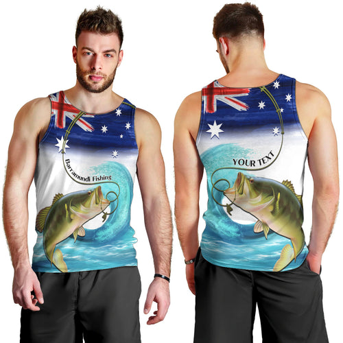 Personalised Australia Fishing Men Tank Top Barramundi With Ocean Waves Flag Grunge Style