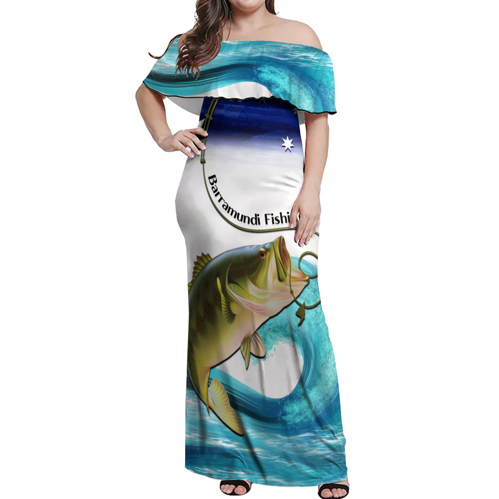 Personalised Australia Fishing Off Shoulder Maxi Dress Barramundi With Ocean Waves Flag Grunge Style