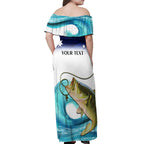 Personalised Australia Fishing Off Shoulder Maxi Dress Barramundi With Ocean Waves Flag Grunge Style