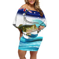 Personalised Australia Fishing Off Shoulder Short Dress Barramundi With Ocean Waves Flag Grunge Style