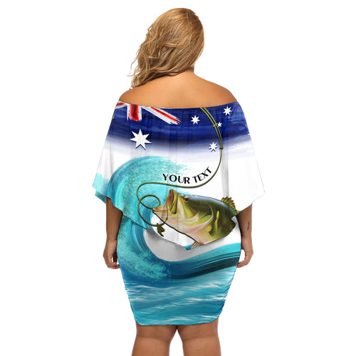 Personalised Australia Fishing Off Shoulder Short Dress Barramundi With Ocean Waves Flag Grunge Style