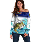 Personalised Australia Fishing Off Shoulder Sweater Barramundi With Ocean Waves Flag Grunge Style