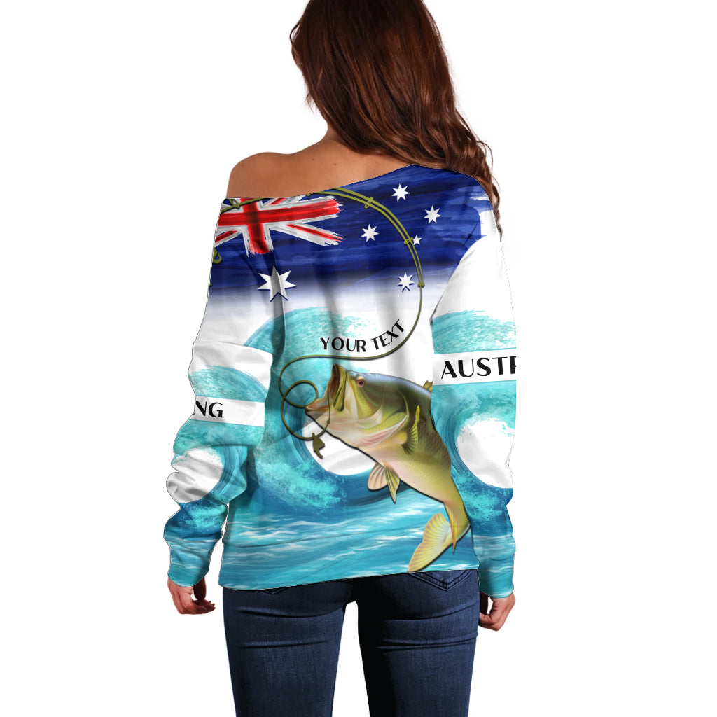 Personalised Australia Fishing Off Shoulder Sweater Barramundi With Ocean Waves Flag Grunge Style