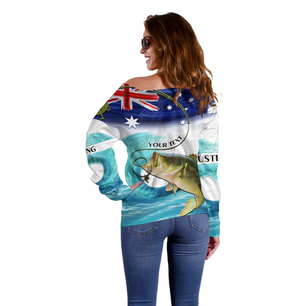 Personalised Australia Fishing Off Shoulder Sweater Barramundi With Ocean Waves Flag Grunge Style