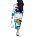 Personalised Australia Fishing Off The Shoulder Long Sleeve Dress Barramundi With Ocean Waves Flag Grunge Style