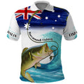 Personalised Australia Fishing Polo Shirt Barramundi With Ocean Waves Flag Grunge Style