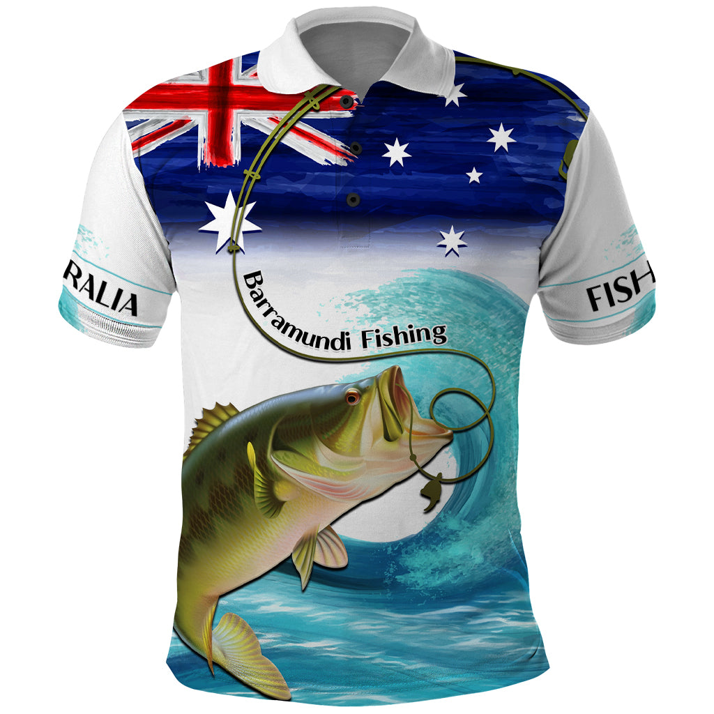 Personalised Australia Fishing Polo Shirt Barramundi With Ocean Waves Flag Grunge Style
