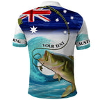 Personalised Australia Fishing Polo Shirt Barramundi With Ocean Waves Flag Grunge Style