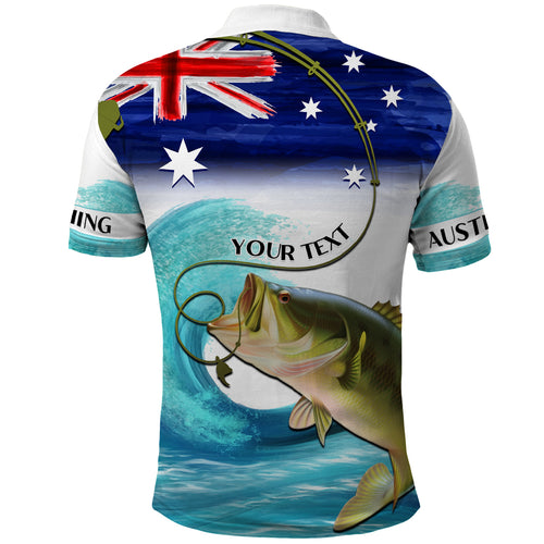 Personalised Australia Fishing Polo Shirt Barramundi With Ocean Waves Flag Grunge Style