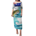 Personalised Australia Fishing Puletasi Barramundi With Ocean Waves Flag Grunge Style