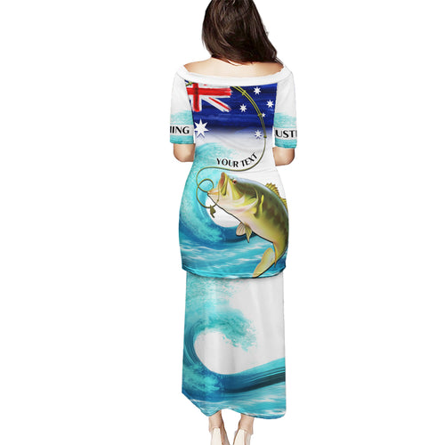 Personalised Australia Fishing Puletasi Barramundi With Ocean Waves Flag Grunge Style