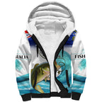 Personalised Australia Fishing Sherpa Hoodie Barramundi With Ocean Waves Flag Grunge Style