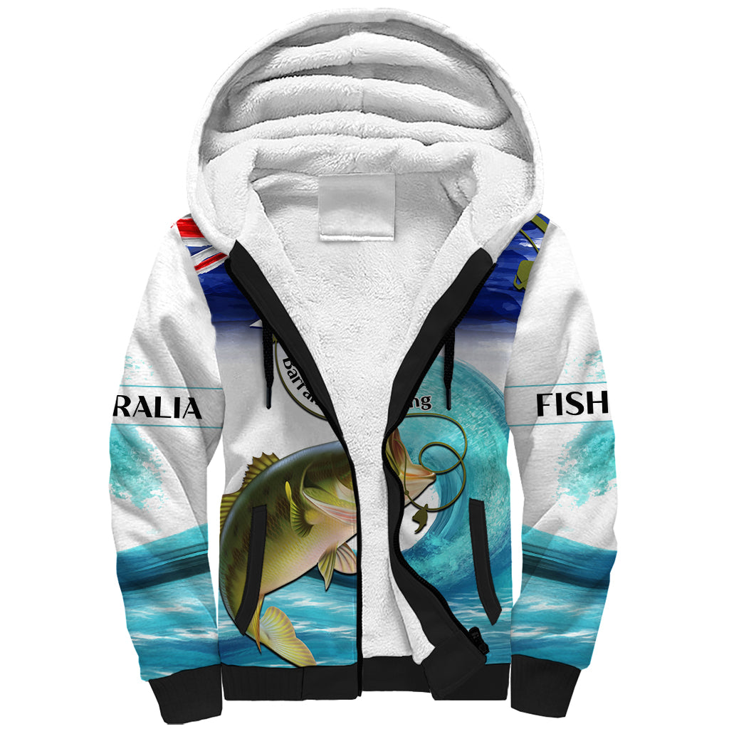 Personalised Australia Fishing Sherpa Hoodie Barramundi With Ocean Waves Flag Grunge Style