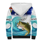Personalised Australia Fishing Sherpa Hoodie Barramundi With Ocean Waves Flag Grunge Style