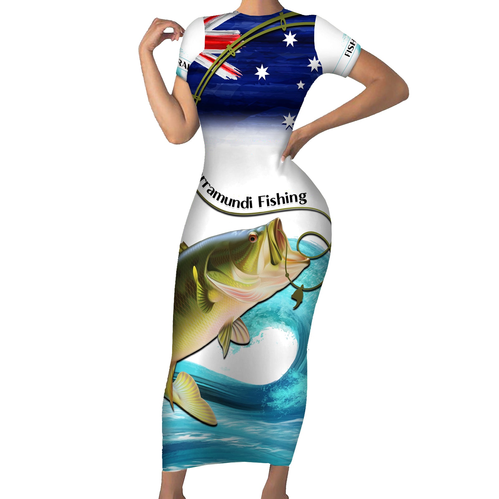 Personalised Australia Fishing Short Sleeve Bodycon Dress Barramundi With Ocean Waves Flag Grunge Style