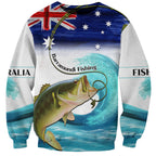 Personalised Australia Fishing Sweatshirt Barramundi With Ocean Waves Flag Grunge Style
