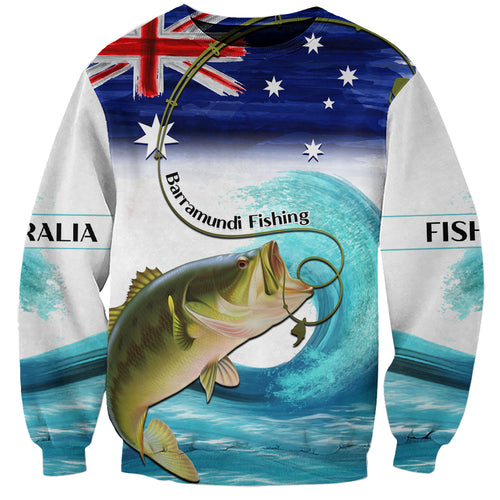 Personalised Australia Fishing Sweatshirt Barramundi With Ocean Waves Flag Grunge Style