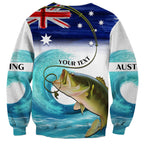 Personalised Australia Fishing Sweatshirt Barramundi With Ocean Waves Flag Grunge Style