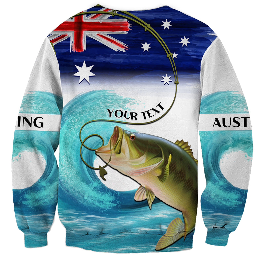 Personalised Australia Fishing Sweatshirt Barramundi With Ocean Waves Flag Grunge Style