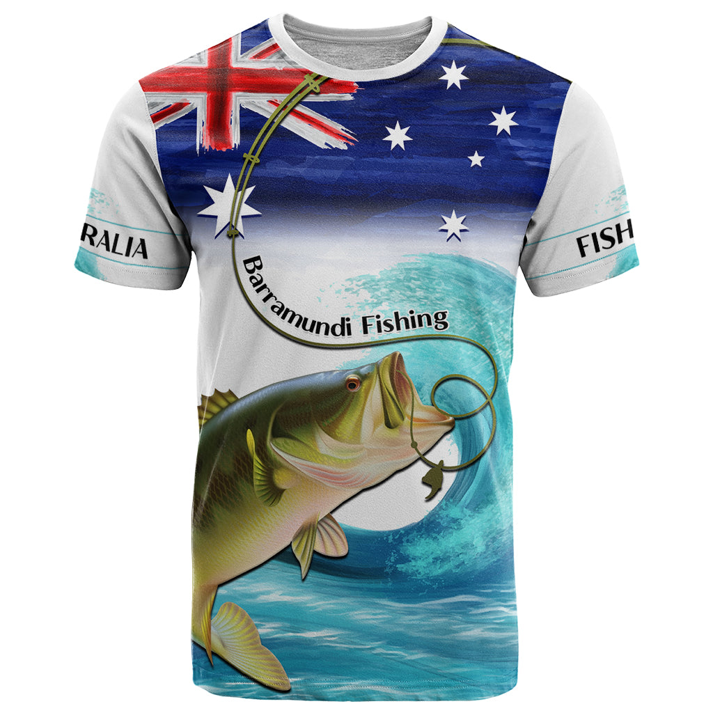 Personalised Australia Fishing T Shirt Barramundi With Ocean Waves Flag Grunge Style