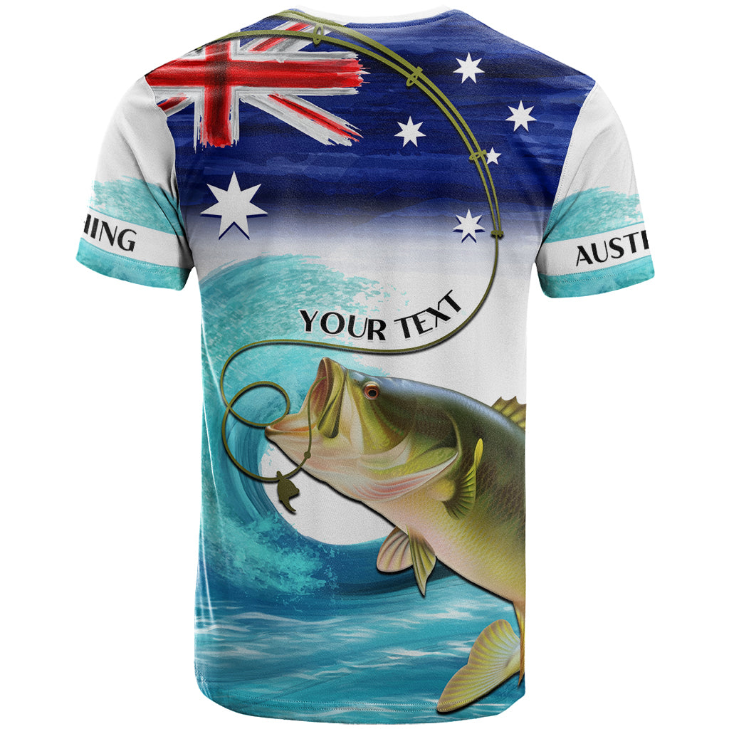 Personalised Australia Fishing T Shirt Barramundi With Ocean Waves Flag Grunge Style