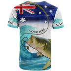 Personalised Australia Fishing T Shirt Barramundi With Ocean Waves Flag Grunge Style