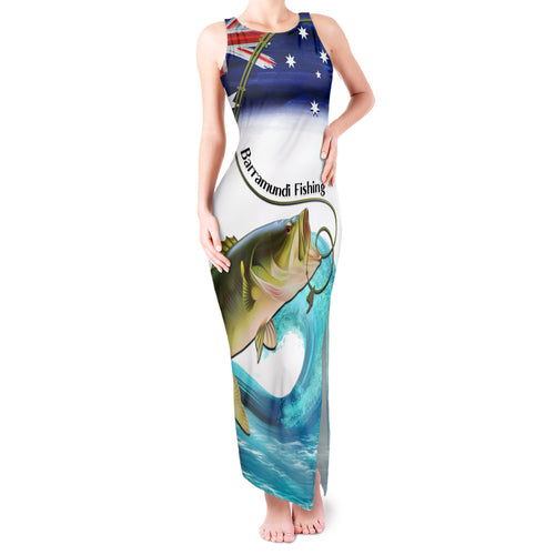 Personalised Australia Fishing Tank Maxi Dress Barramundi With Ocean Waves Flag Grunge Style