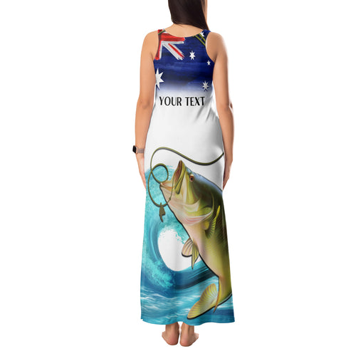 Personalised Australia Fishing Tank Maxi Dress Barramundi With Ocean Waves Flag Grunge Style