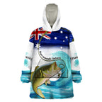 Personalised Australia Fishing Wearable Blanket Hoodie Barramundi With Ocean Waves Flag Grunge Style