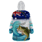 Personalised Australia Fishing Wearable Blanket Hoodie Barramundi With Ocean Waves Flag Grunge Style