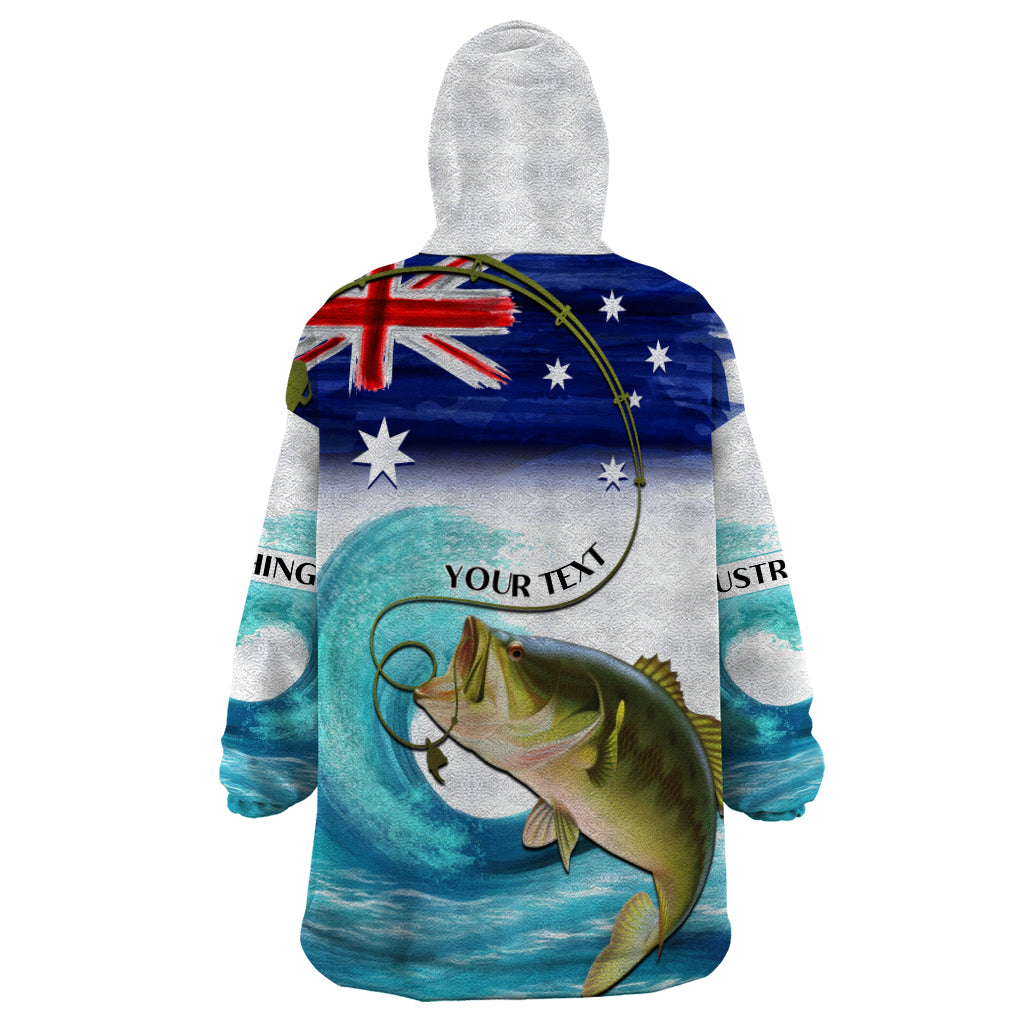 Personalised Australia Fishing Wearable Blanket Hoodie Barramundi With Ocean Waves Flag Grunge Style