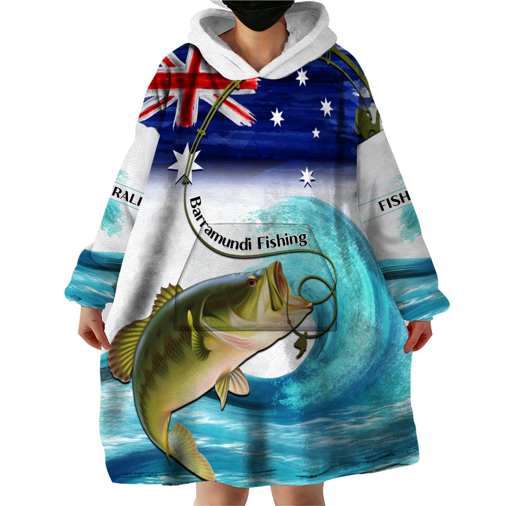 Personalised Australia Fishing Wearable Blanket Hoodie Barramundi With Ocean Waves Flag Grunge Style