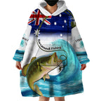 Personalised Australia Fishing Wearable Blanket Hoodie Barramundi With Ocean Waves Flag Grunge Style