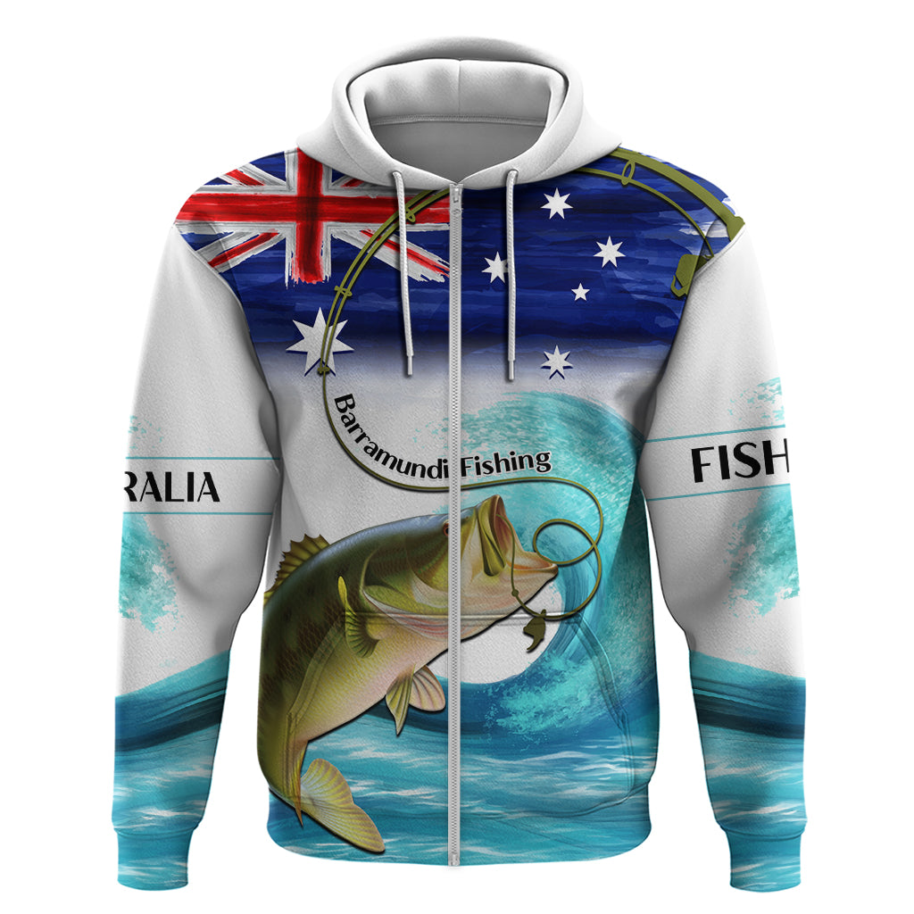 Personalised Australia Fishing Zip Hoodie Barramundi With Ocean Waves Flag Grunge Style