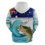 Personalised Australia Fishing Zip Hoodie Barramundi With Ocean Waves Flag Grunge Style