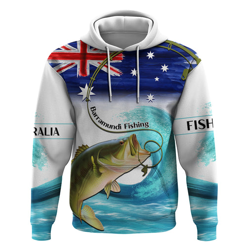 Personalised Australia Fishing Zip Hoodie Barramundi With Ocean Waves Flag Grunge Style
