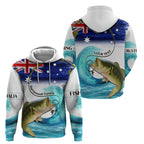 Personalised Australia Fishing Zip Hoodie Barramundi With Ocean Waves Flag Grunge Style