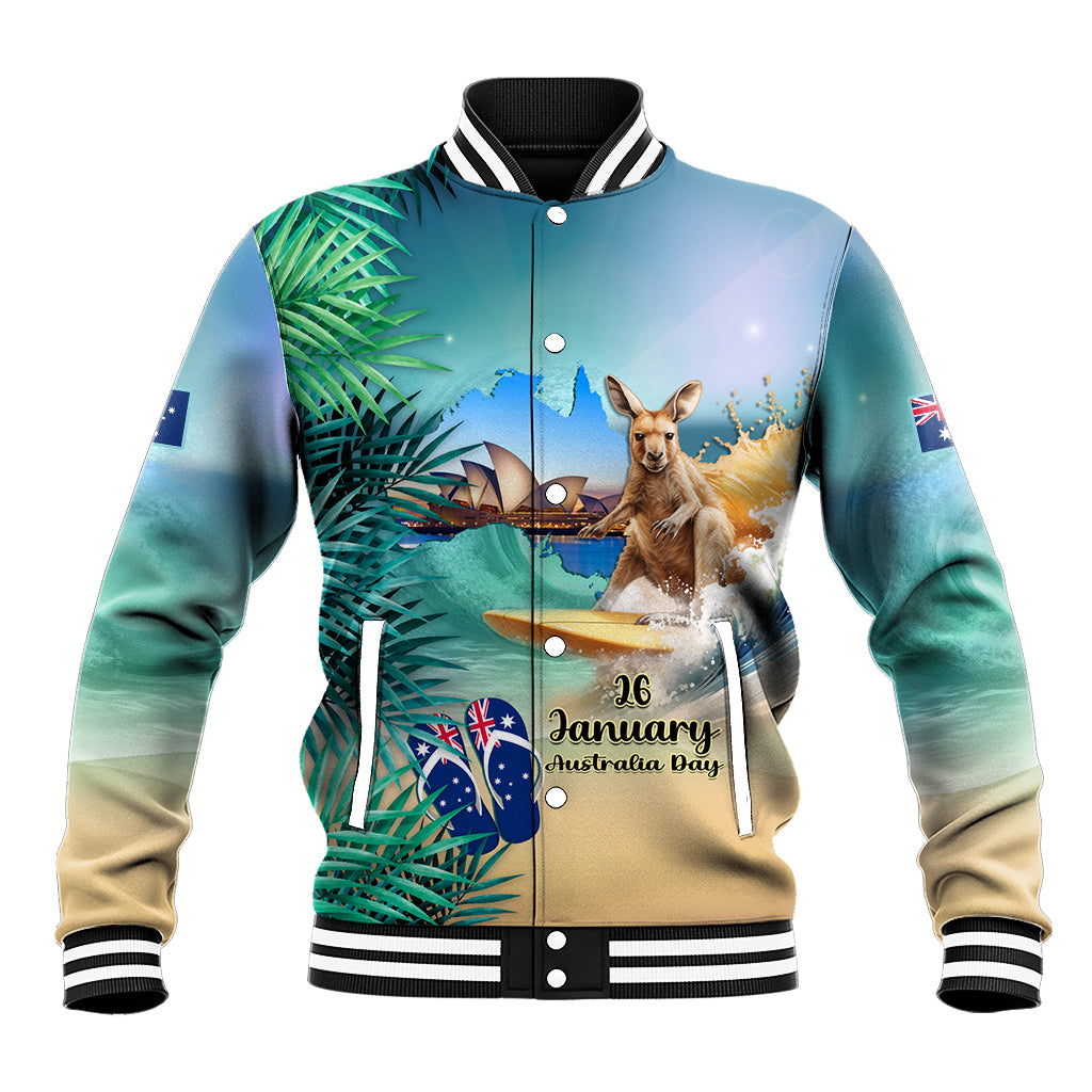 Australia Day 2024 Baseball Jacket Kangaroo Go Surfing Aussie Map Tropical Style